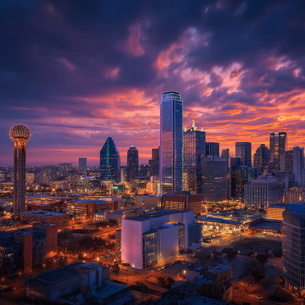 Dallas Texas skyline at sunset showing the city served by Dallas Locksmith Pros
