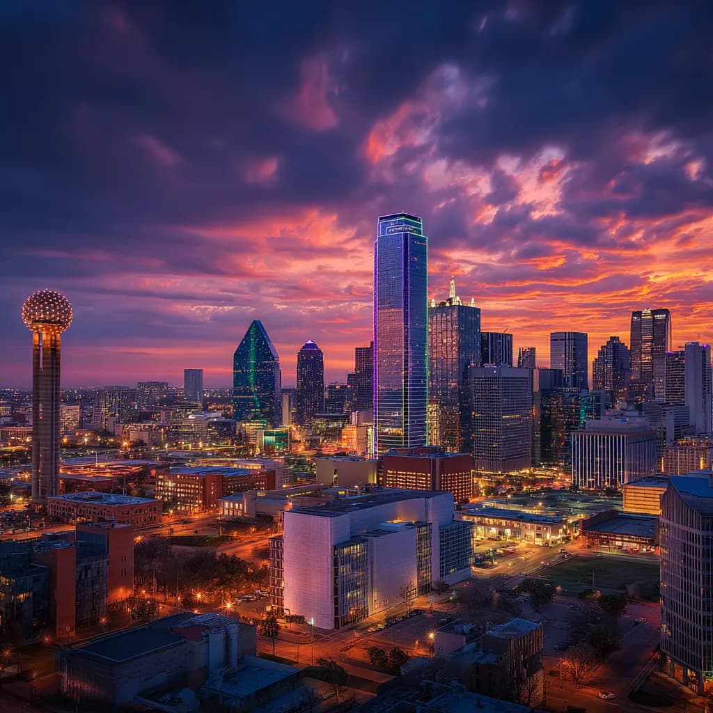 Dallas Texas skyline at sunset showing the city served by Dallas Locksmith Pros