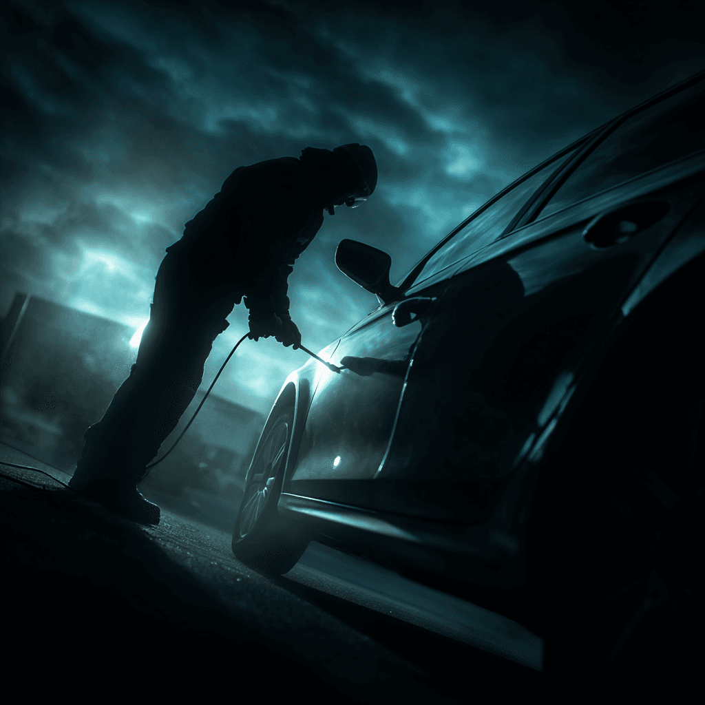 Emergency locksmith opening a locked car door at night in Dallas TX