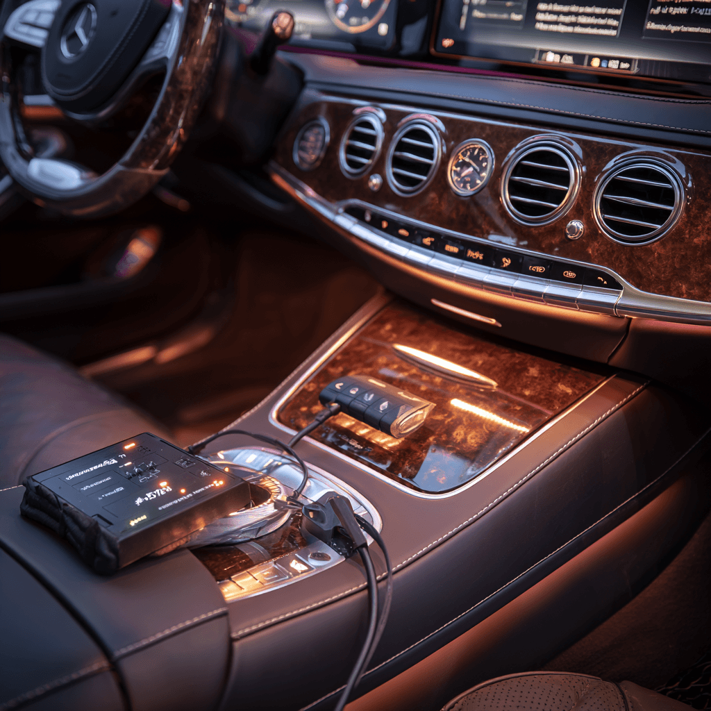 Mercedes-Benz interior with Xentry diagnostic tool for EZS ESL repair in Dallas